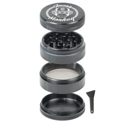 Grass Monkey® Aluminium Grinder – 4-teilig, Ø 5,5 cm – Robuste Kräutermühle mit scharfen Zähnen & Pollensieb – Inklusive Schaufel - Dark Grey