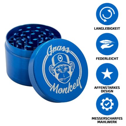 Grass Monkey Basic Metall Grinder – 4-teilig, Ø 5,5 cm – Robuste Kräutermühle mit Pollensieb & Schaufel – Kompakt & Langlebig –
