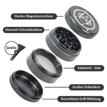 Grass Monkey® Aluminium Grinder – 4-teilig, Ø 5,5 cm – Robuste Kräutermühle mit scharfen Zähnen & Pollensieb – Inklusive Schaufel - Dark Grey
